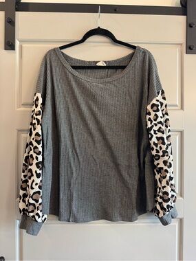 BiBi Gray Waffle Knit Top with Leopard Print Sleeves